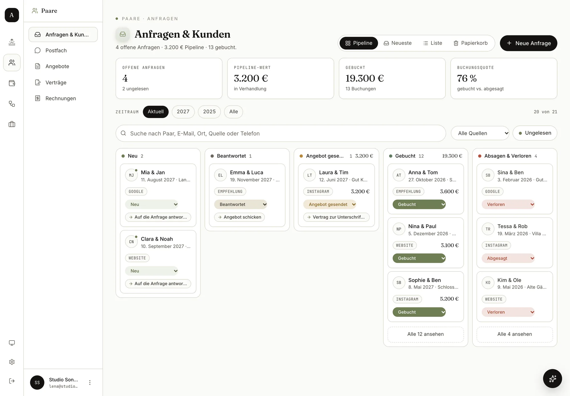Amoriva Dashboard, Anfragen und Kunden: Pipeline von Neu bis Gebucht mit Kennzahlen und dem nächsten Schritt je Paar