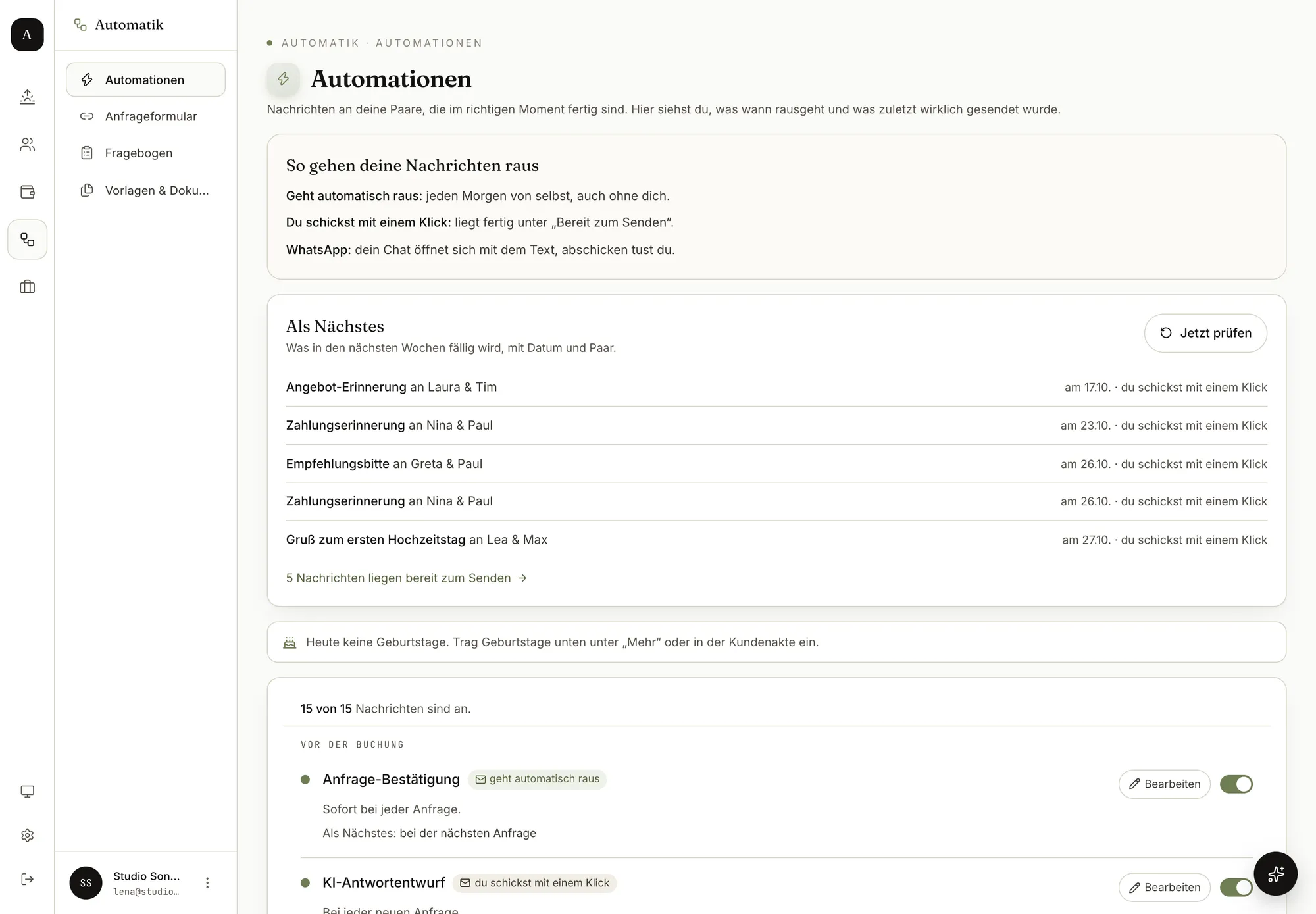 Amoriva Dashboard, Automationen: was als Nächstes an welches Paar rausgeht und welche Nachrichten an sind