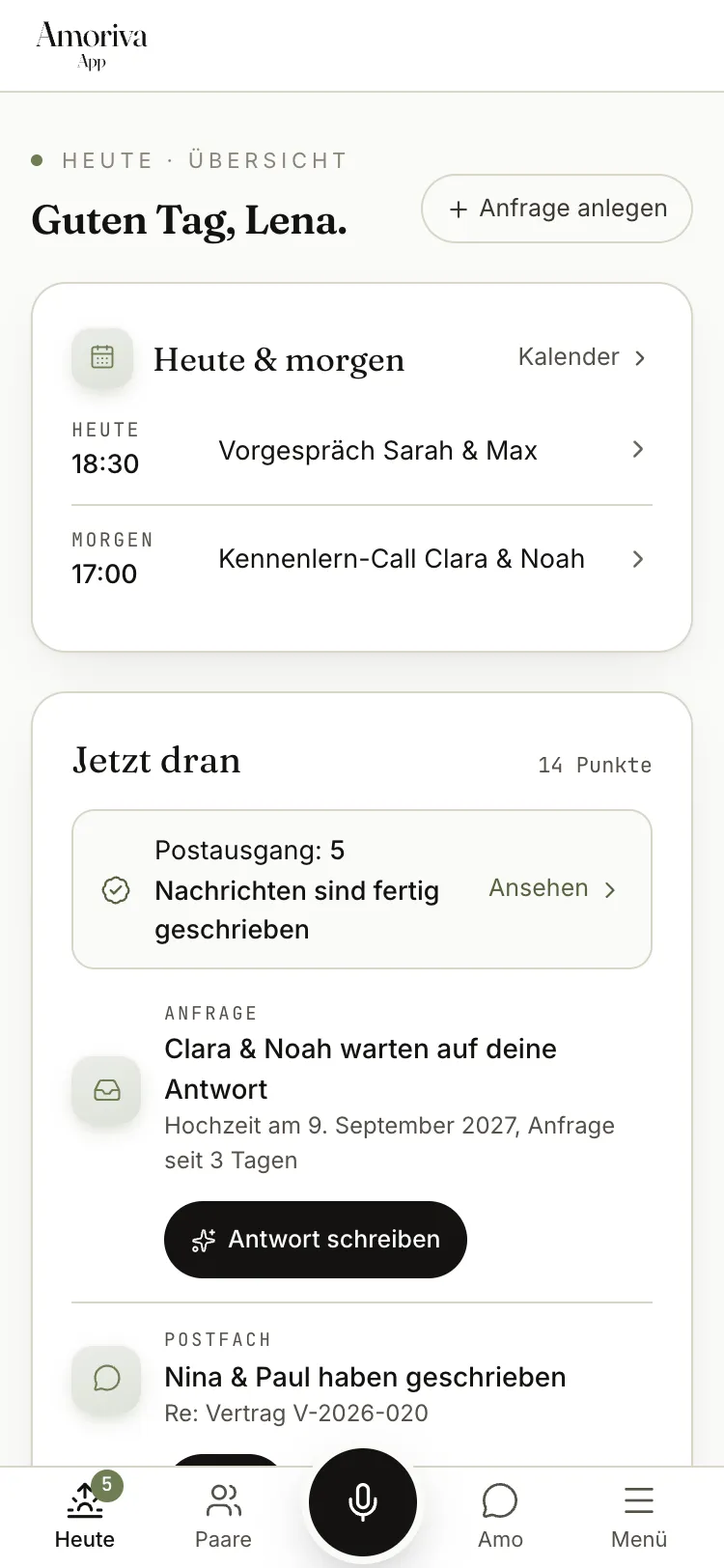 Amoriva am Handy: Übersicht mit Heute und morgen, Jetzt dran und deinen Paaren