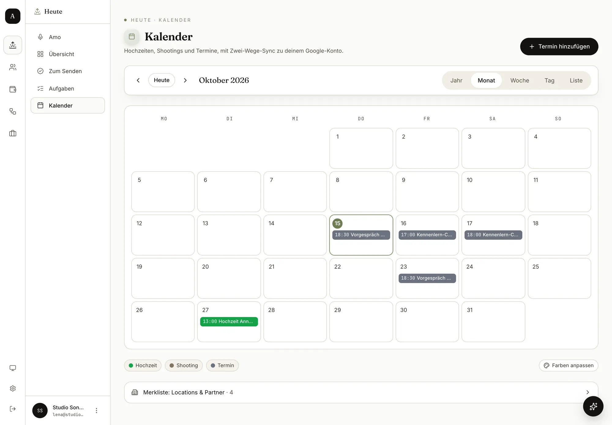 Amoriva Dashboard, Kalender: Monatsansicht mit Hochzeiten, Shootings und Terminen